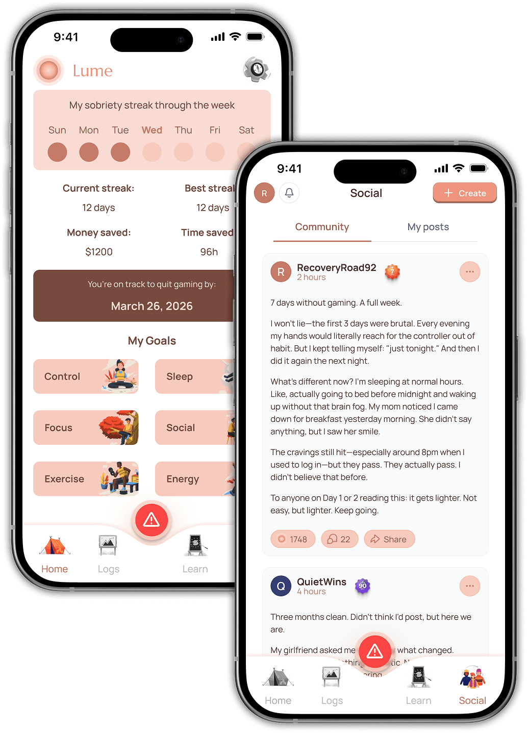 Lume app showing sobriety tracker and community features