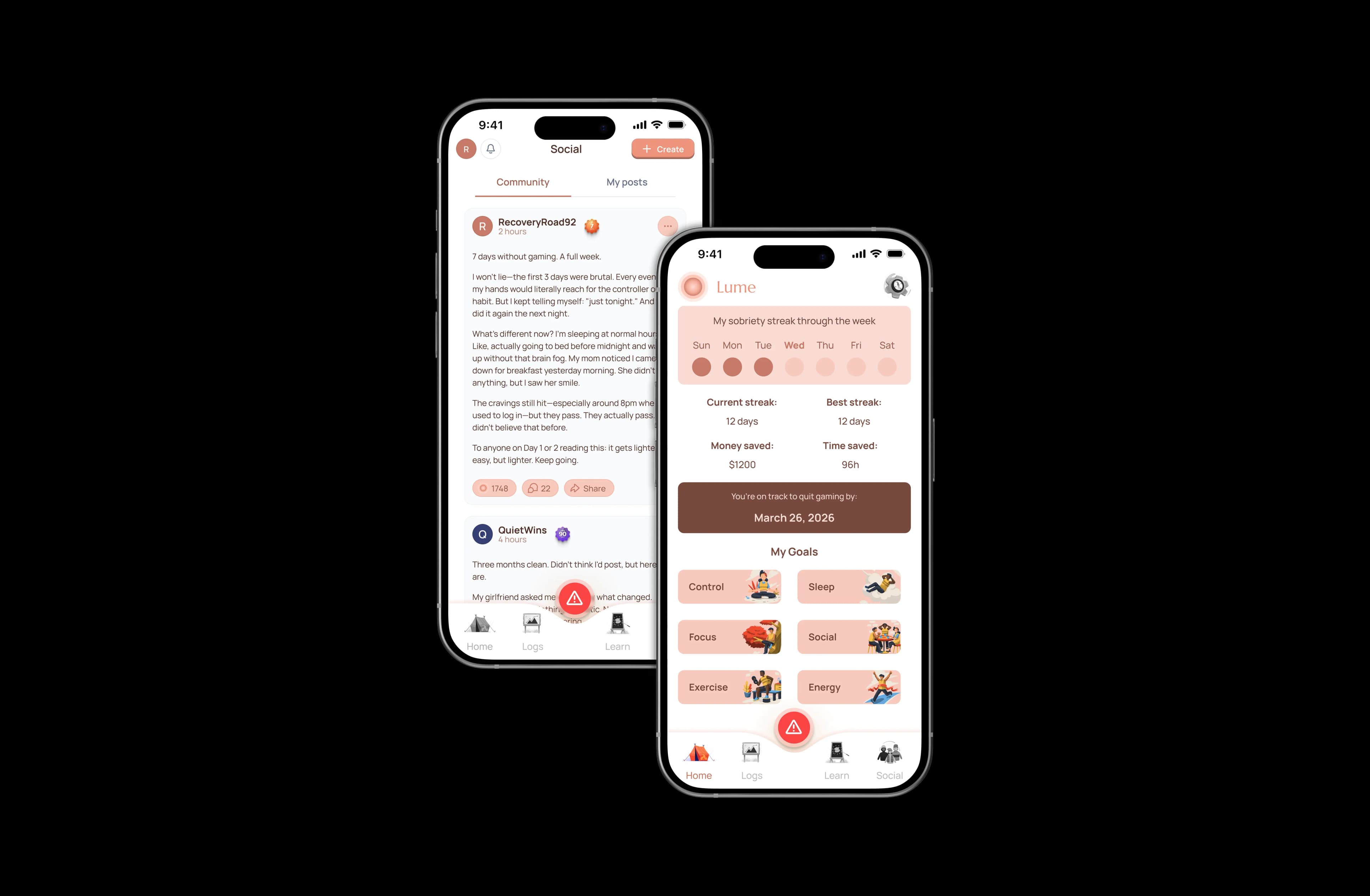 screenshots of the lume app, we can see the activity logger feature