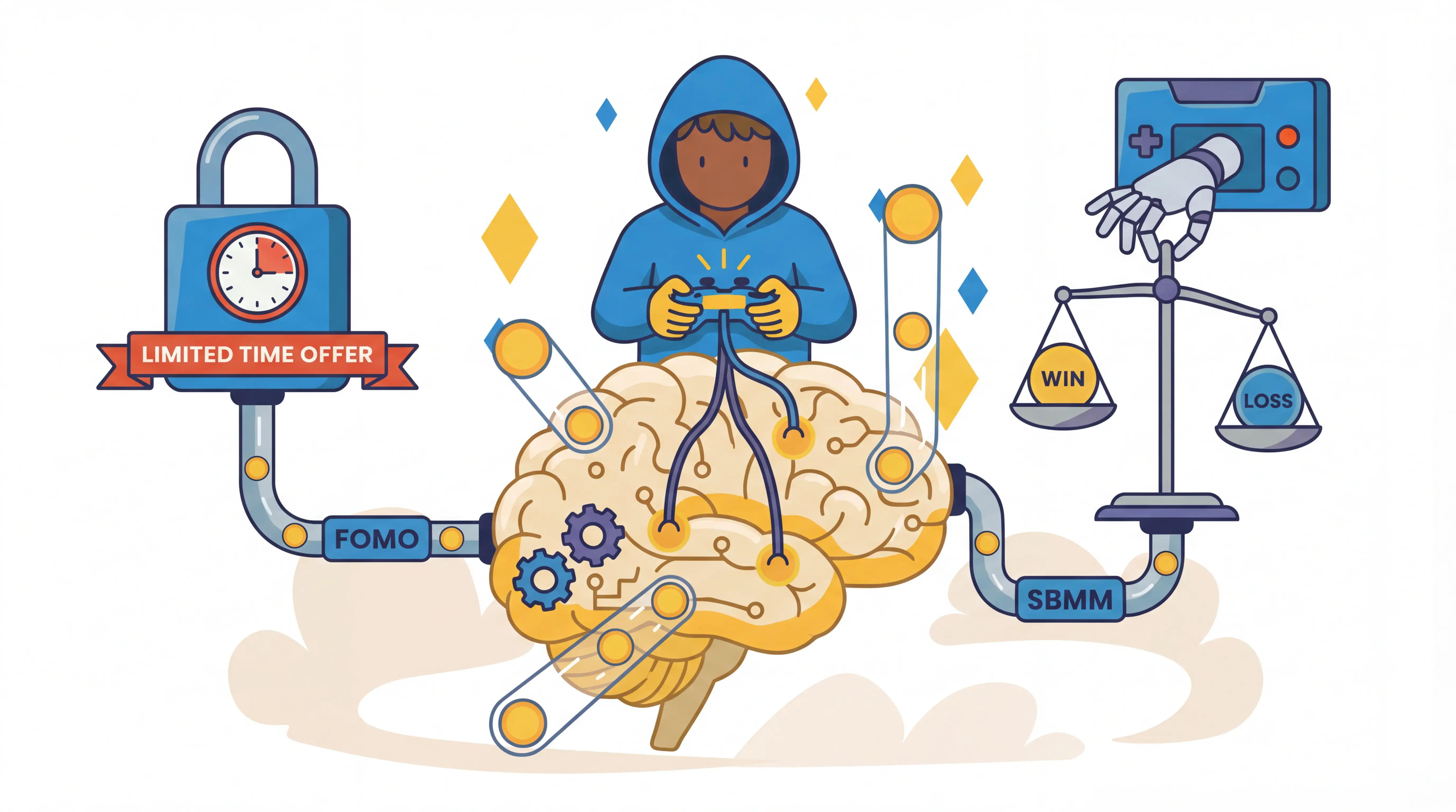 MRI brain scan highlighting dopamine pathways and reward circuits affected by addictive video games, showing how gaming triggers the same neural response as gambling