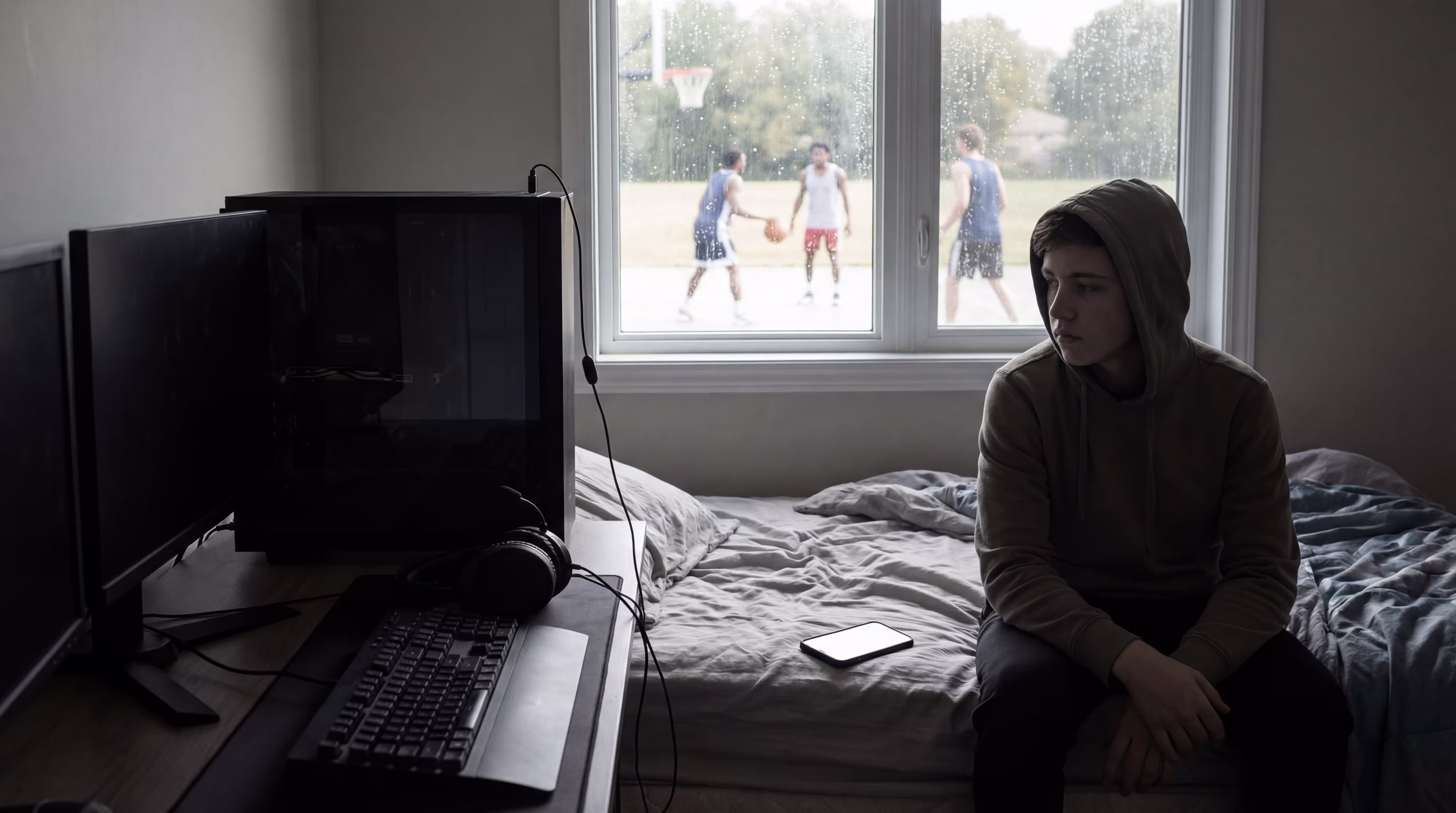 Young person experiencing social isolation while friends play outside, representing mental health impact of gaming addiction