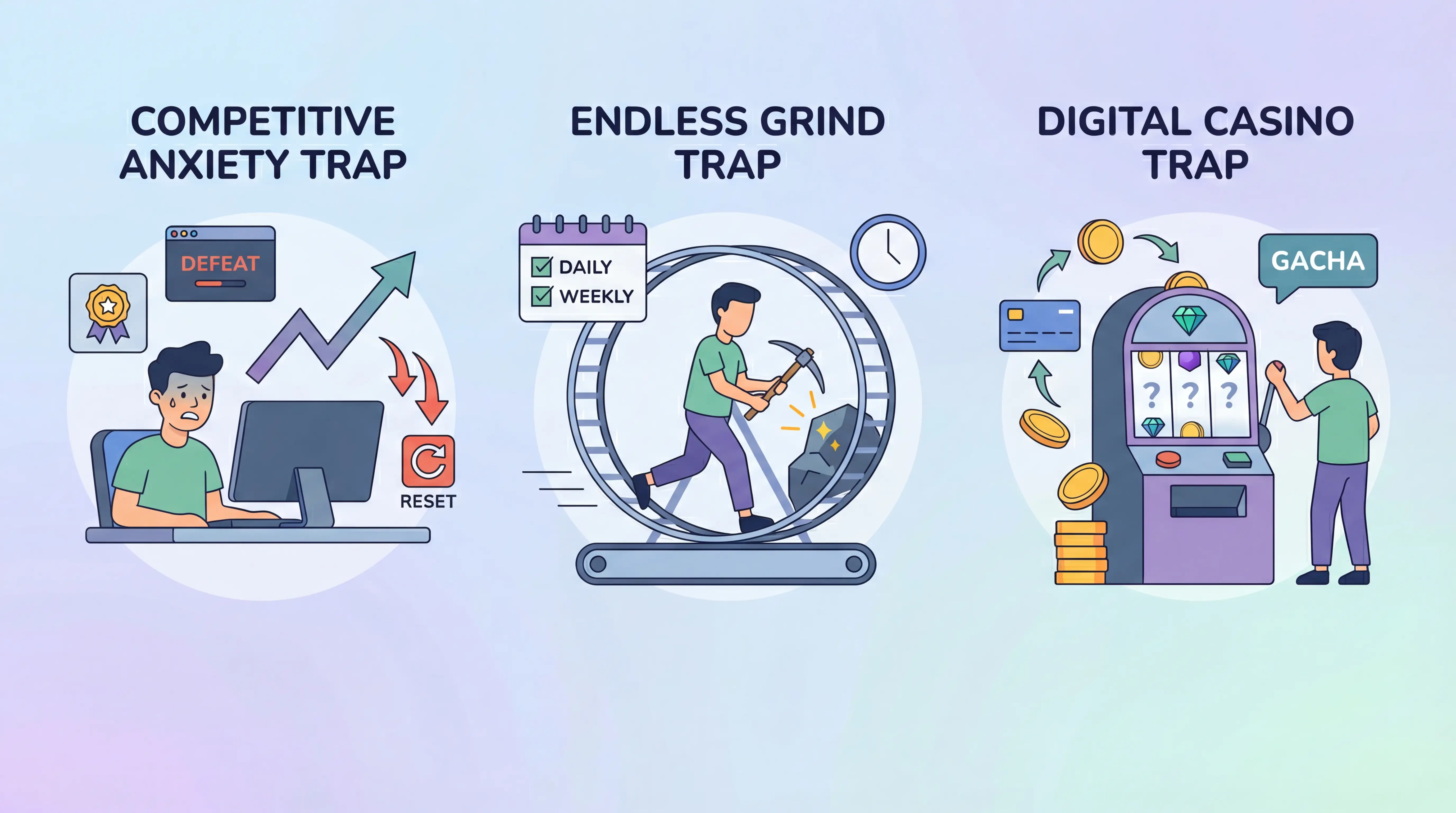 Infographic comparing three gaming addiction archetypes - competitive anxiety trap with Valorant and League of Legends, endless grind trap with World of Warcraft and Destiny 2, and digital casino trap with Genshin Impact and Honkai Star Rail