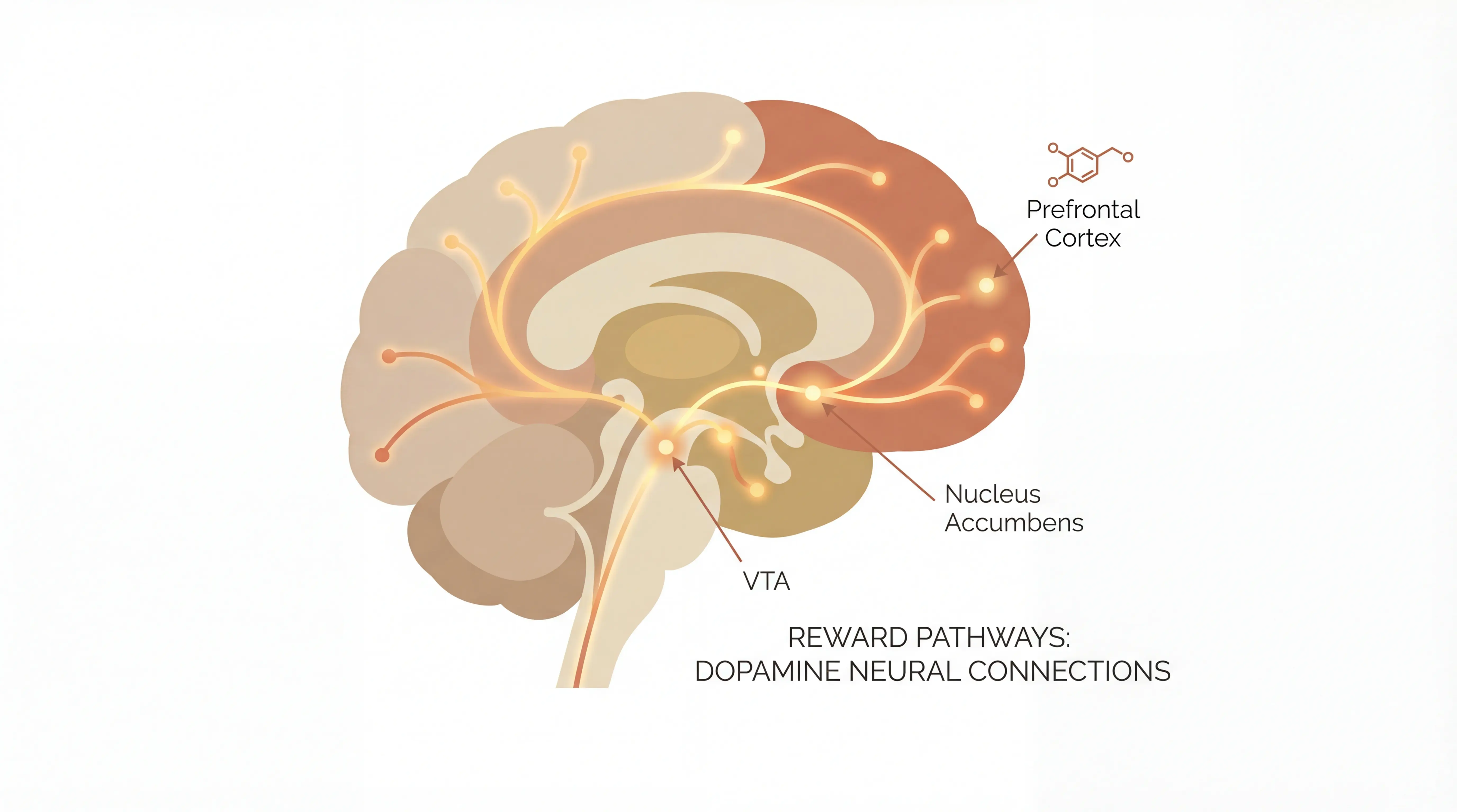 Illustration of a brain with dopamine reward pathways highlighted