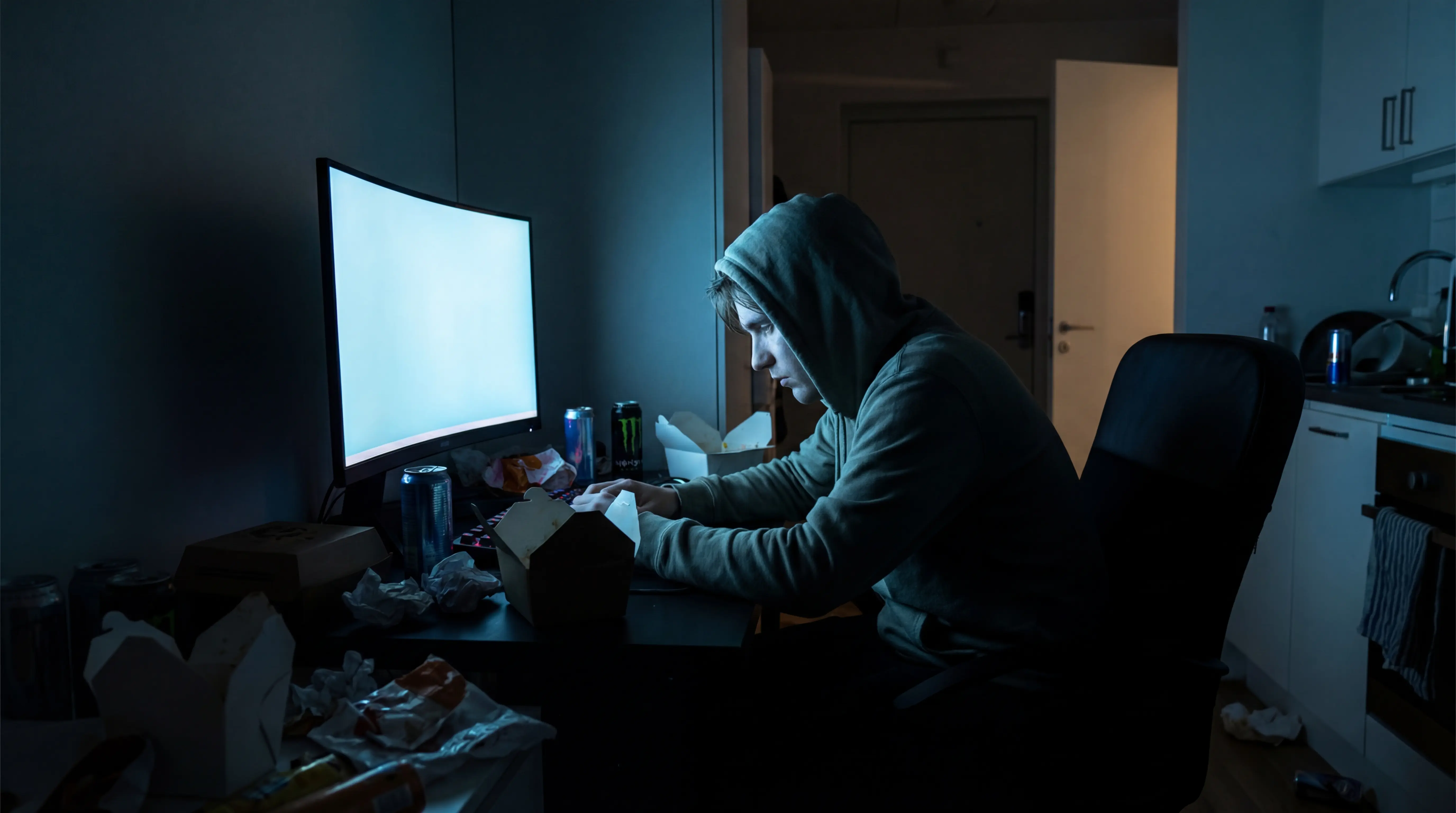 Young person gaming alone in a dark room, illuminated only by the screen glow