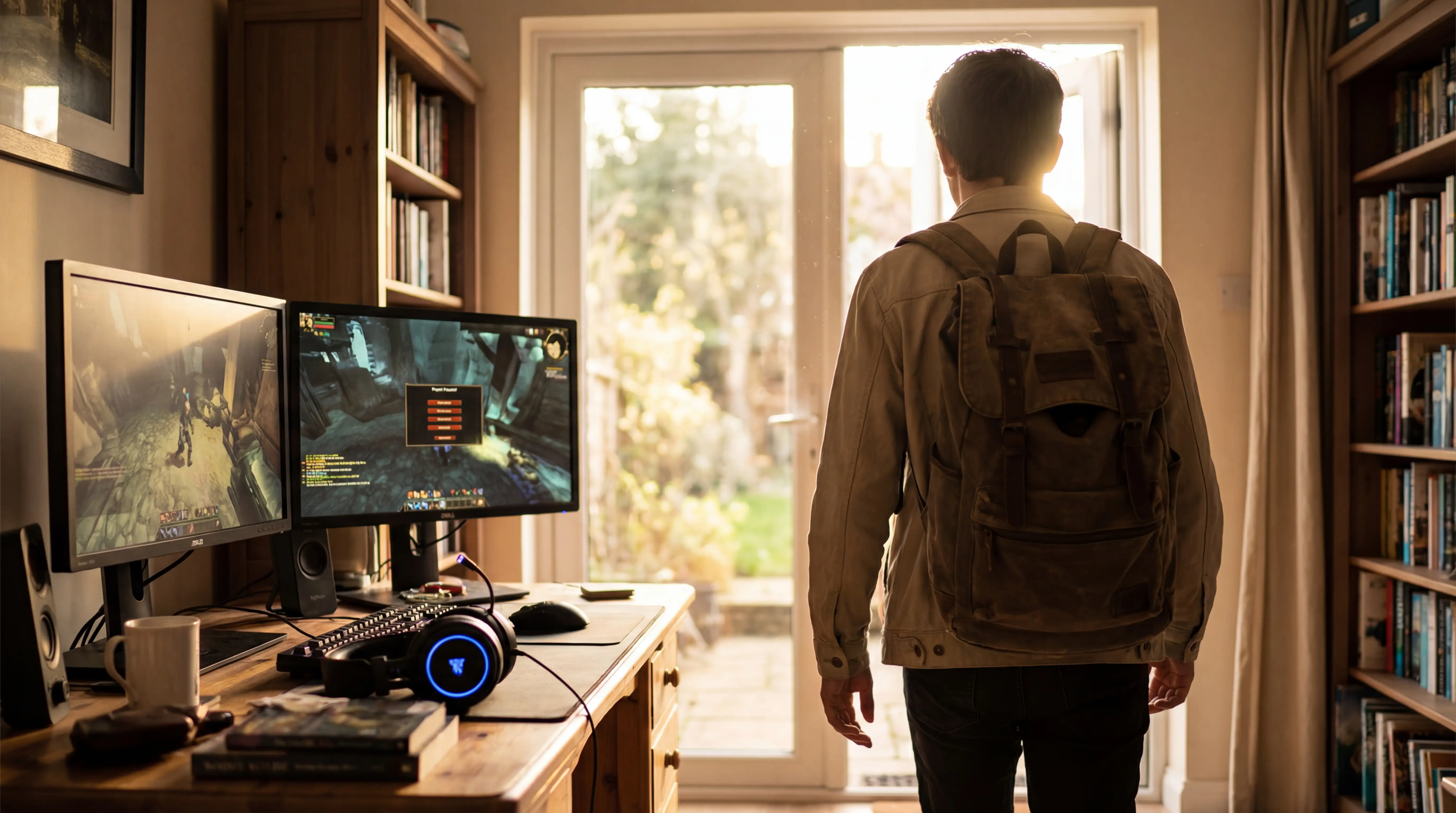 Person walking towards sunlight through an open window, leaving gaming setup behind