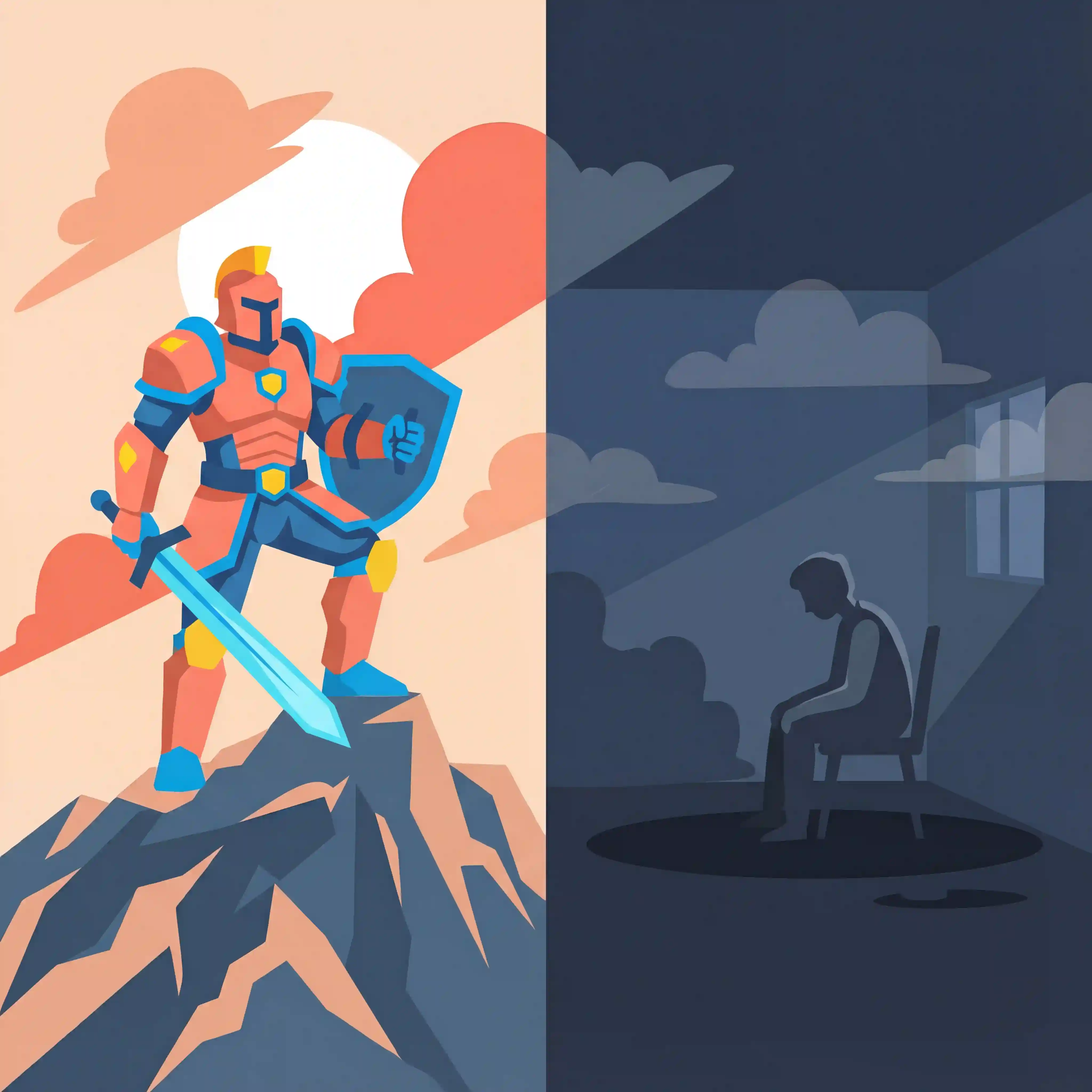Split illustration contrasting in-game success with real-life isolation - warrior character on mountain peak versus person gaming alone in dark room