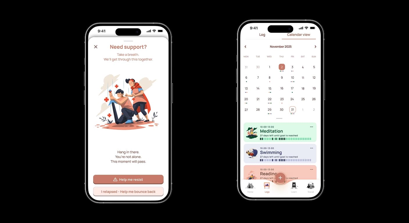 Two phone screens showing Lume app features: left screen displays emergency support with "Need support?" message and illustration of people helping each other, right screen shows calendar view with tracked activities like Meditation, Swimming, and Reading with progress bars