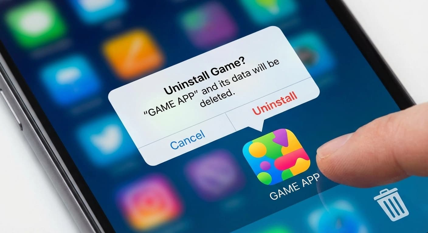 Mobile phone screen showing uninstall confirmation dialog for a gaming app, with finger hovering over the red uninstall button to delete the game